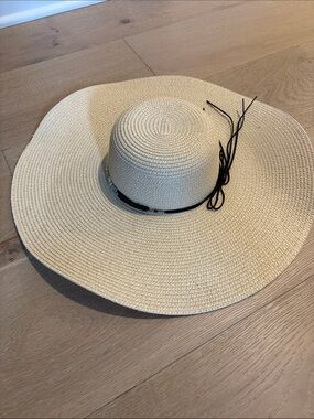 Anthropologie Cream Straw Sun Hat with Black Tie
